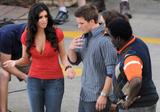 Kim Kardashian shows cleavage on the film set of Goodie Two Shoes in Shreveport